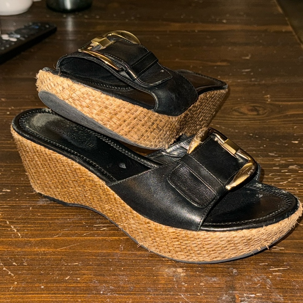 Black espadrilles with straw chunky sole & silver buckle